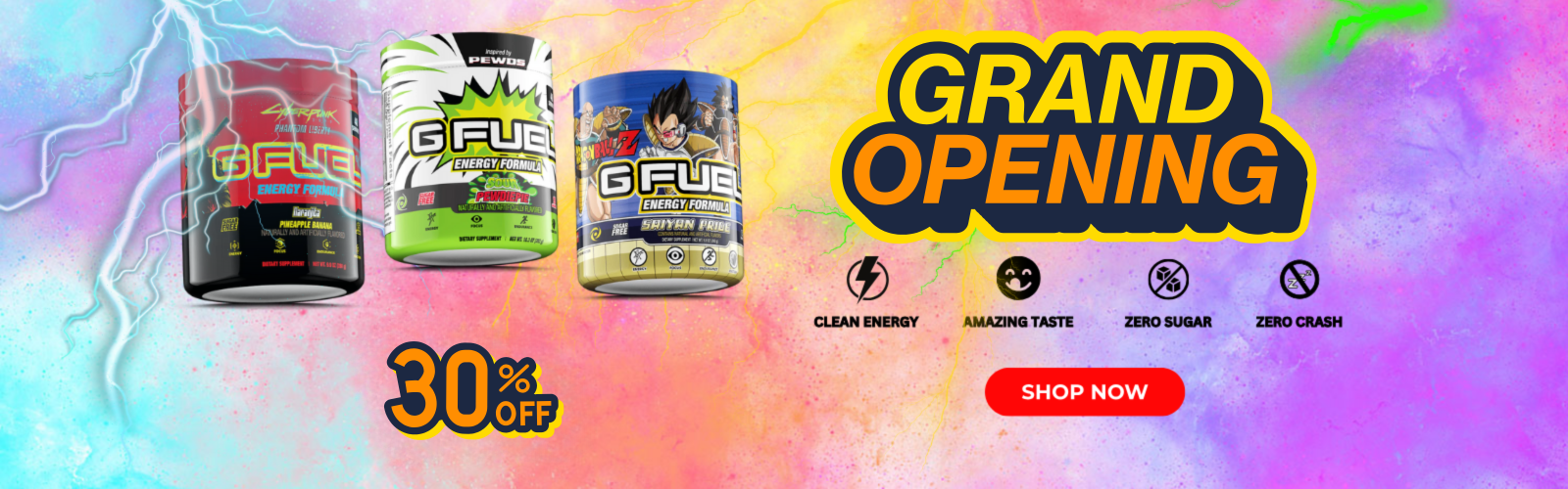 G FUEL product packaging with colorful background and 'Grand Opening' text